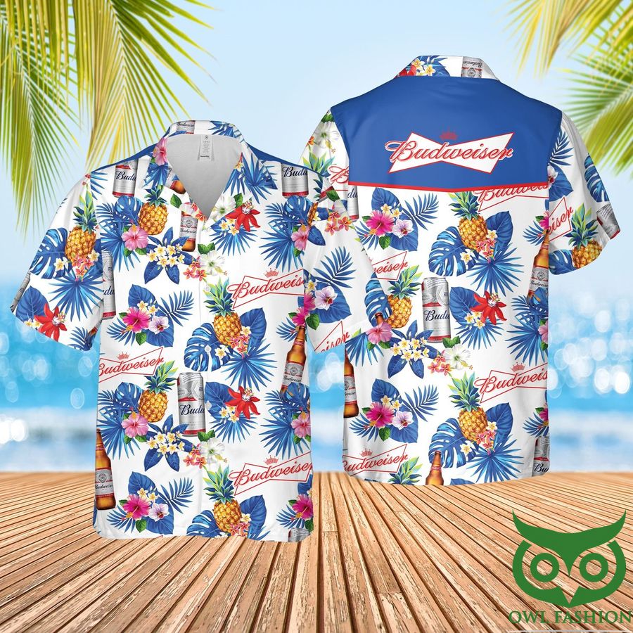 Budweiser Aloha White with Blue Leaf Hawaiian Shirt and Shorts