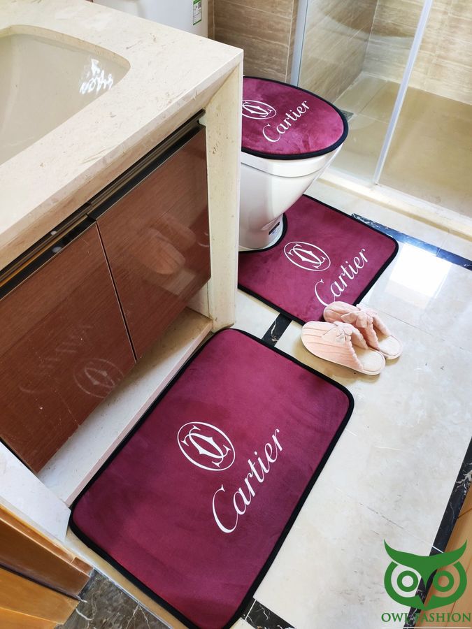 35 Cartier Luxury Dark Red with Logo Shower Curtain and Mat Set