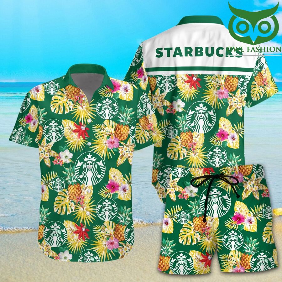 82 Starbucks logo green floral tropical style Hawaiian Shirt