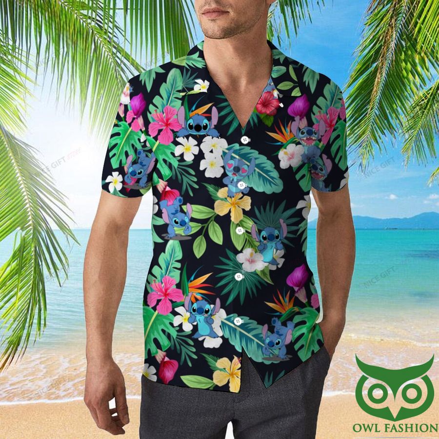 97 Stitch Black with Colorful Flower Hawaiian Shirt