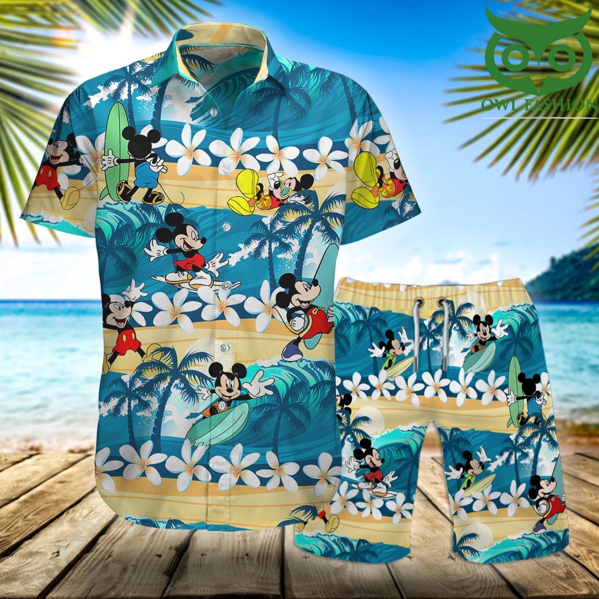 76 Mickey mouse surfing beach 3D short sleeve Hawaiian shirt and short