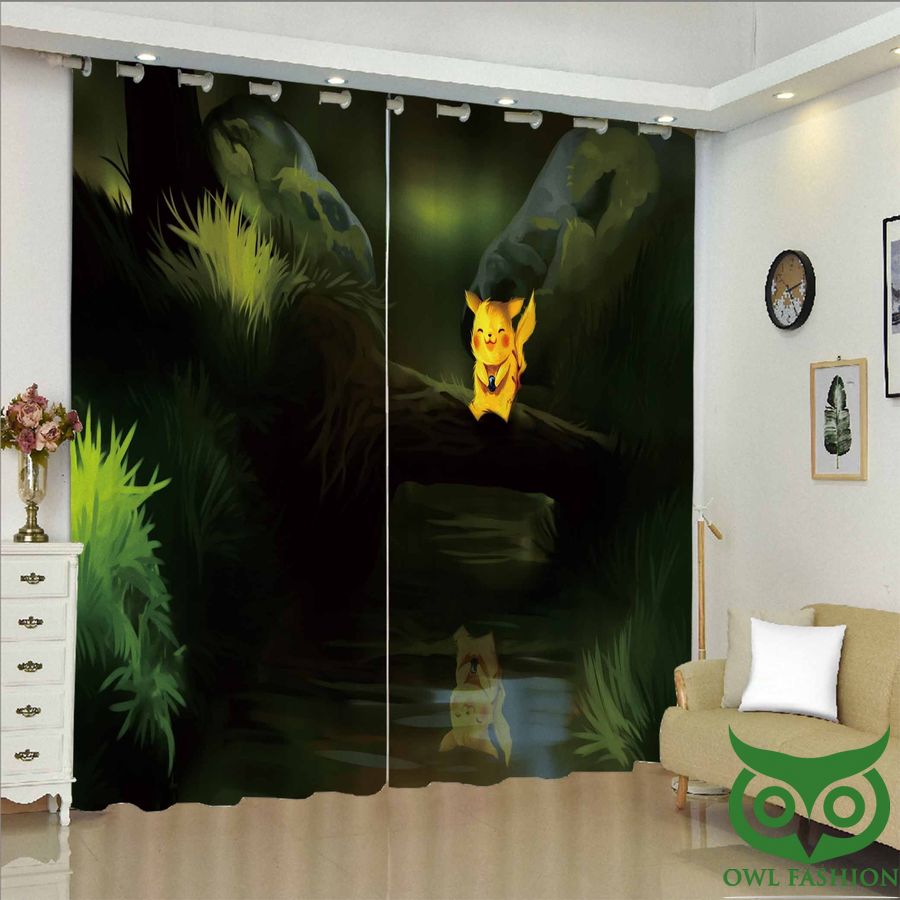 27 Pikachu Sitting On Bridge And Reflective On Water Window Curtain
