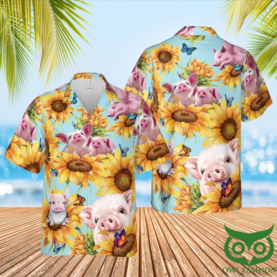 38 Pink Pig and Sunflower Butterfly under Sky Hawaiians Shirt and Shorts