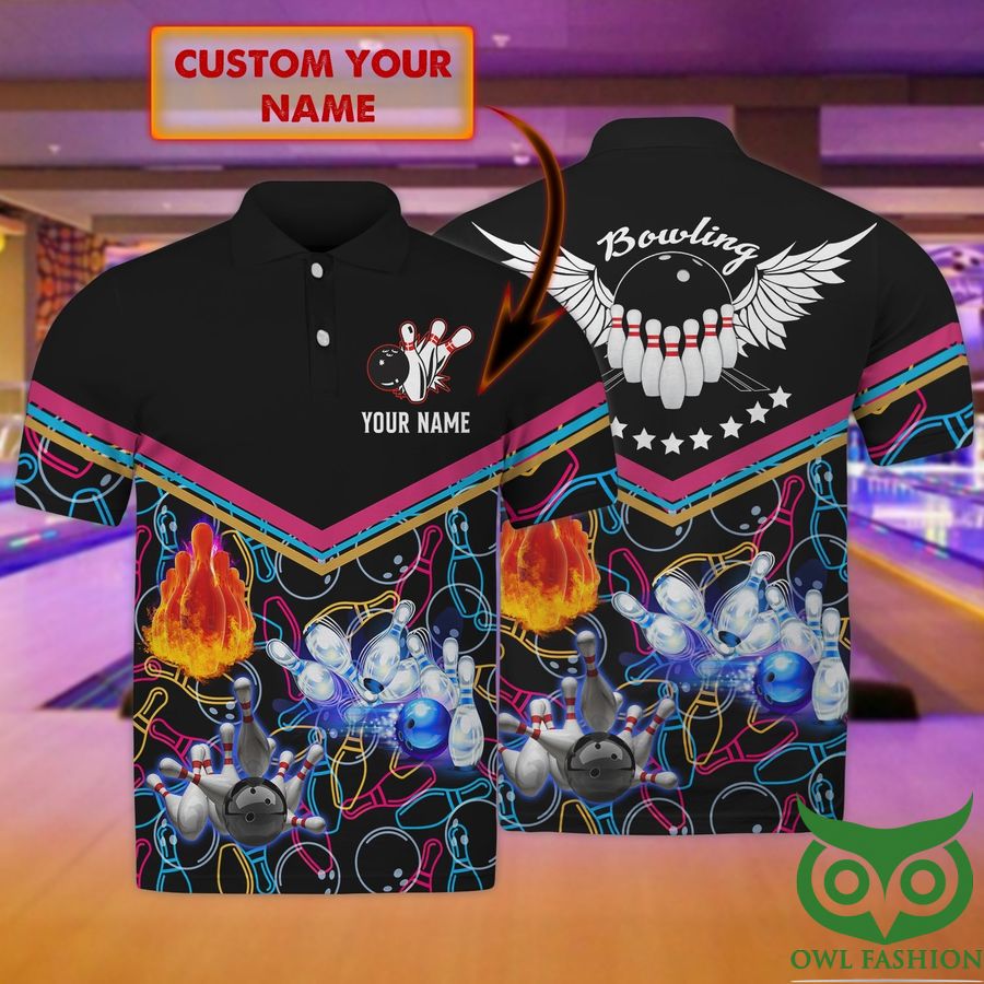 30 Custom Name Bowling Black Colorful Strike 3D Polo