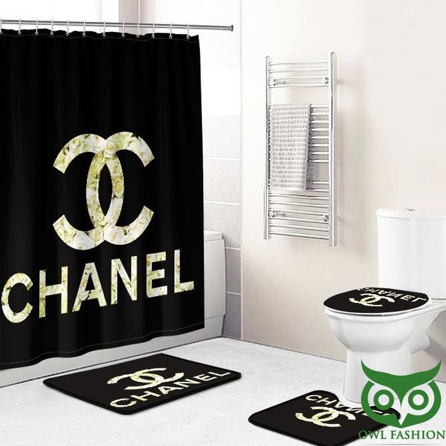 13 Chanel Gold Set Luxury Black Shower Curtain and Mat Set