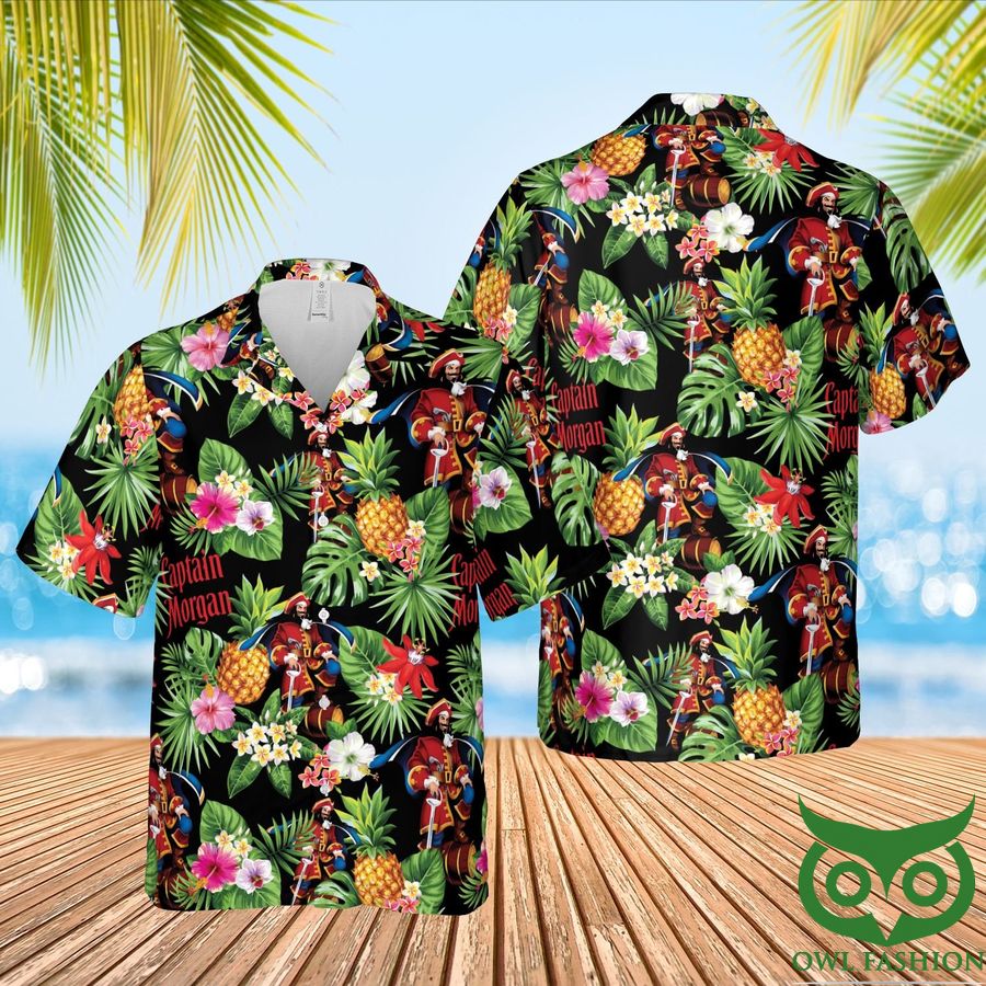 12 Captain Morgan Black with Green Leaf Hawaiian Shirt and Shorts