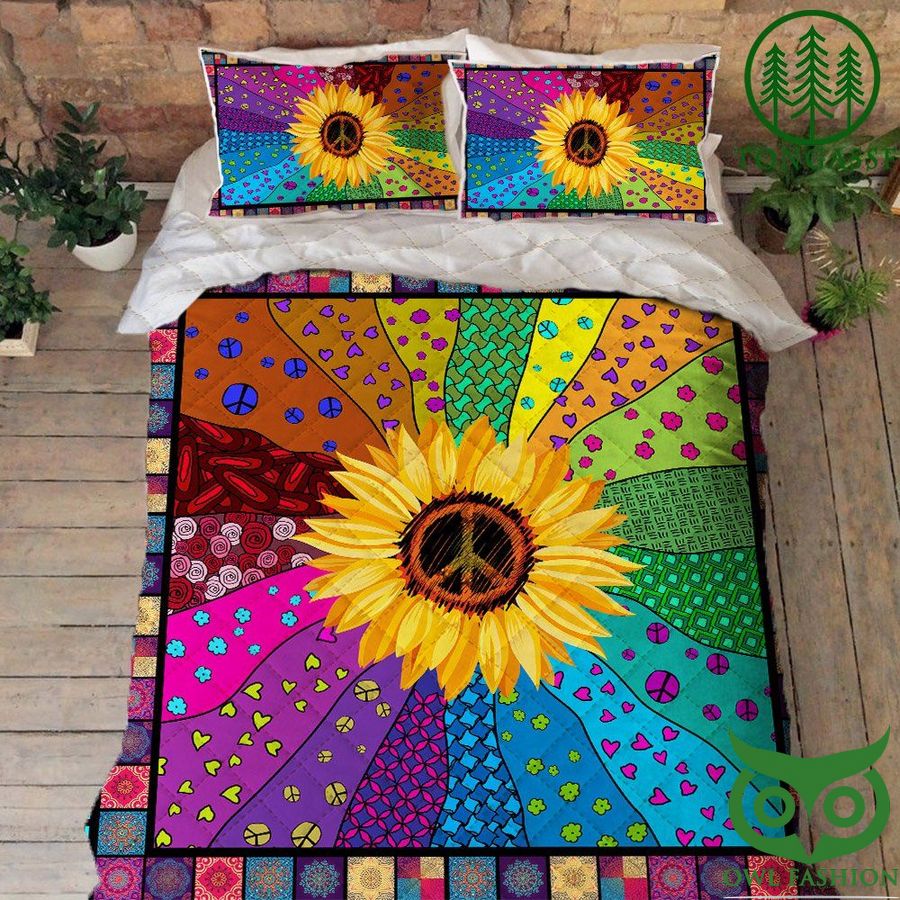 15 Hippie Peace Sign Sunflower Quilt Bedding Set