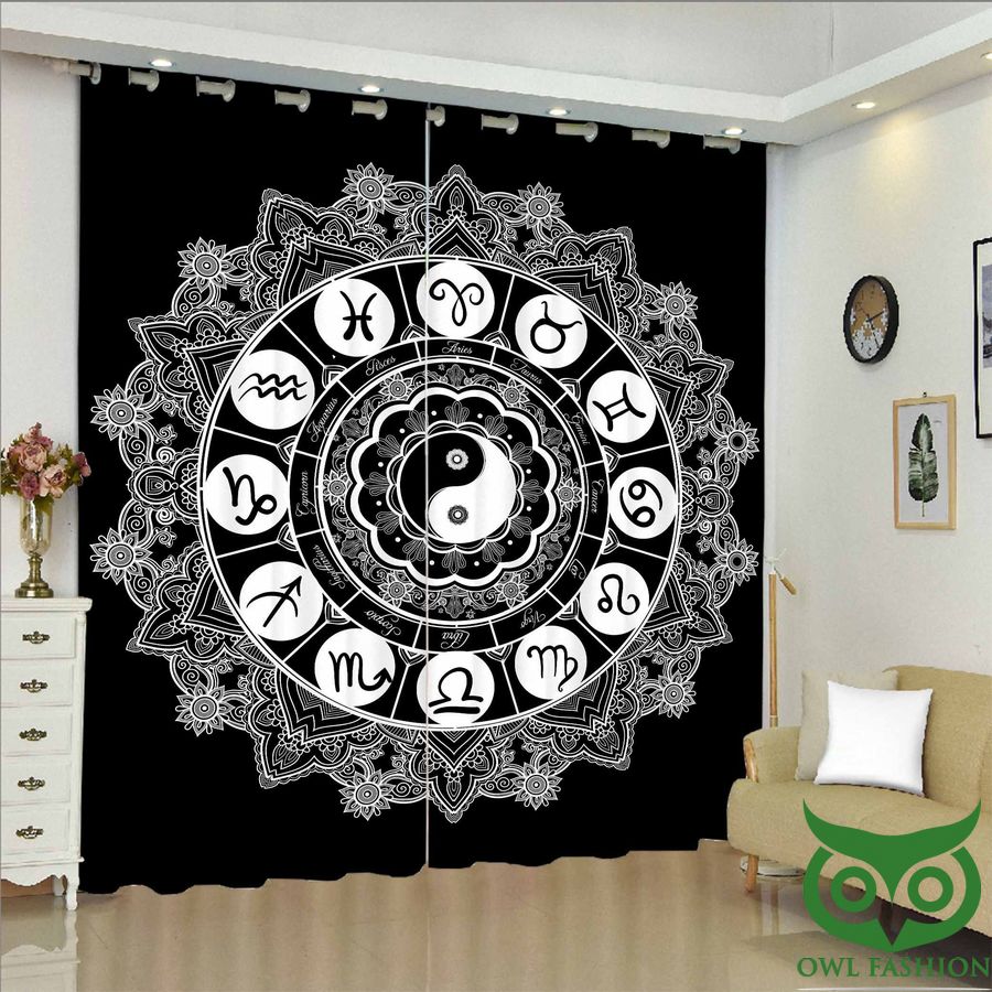 Black Mandala Zodiac Sign Yin Yang Window Curtain