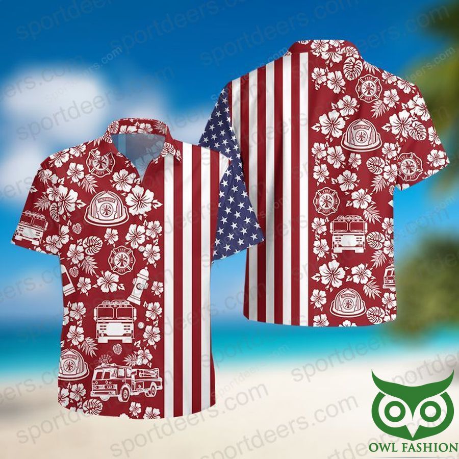 FIREFIGHTER US Flag Red Patterns Hawaiian Shirt