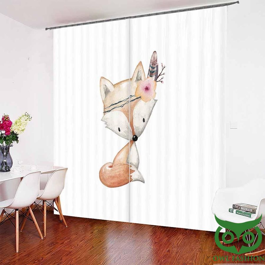 White Background Tribal Fox Window Curtain