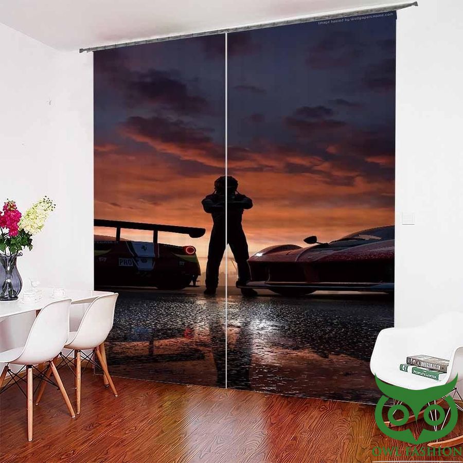 Froza Man And Two Car Sunset View Pattern Window Curtain