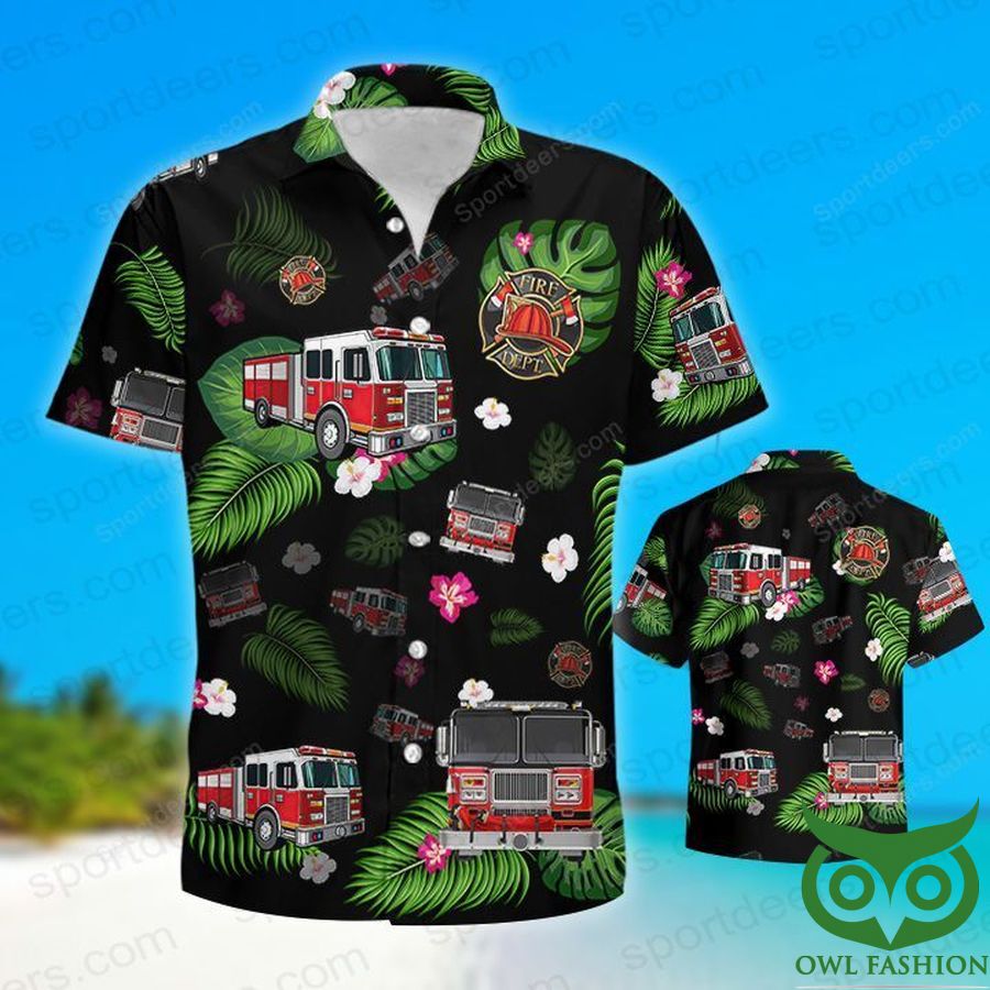13 FIREFIGHTER Green Leaf Black Background Hawaiian Shirt