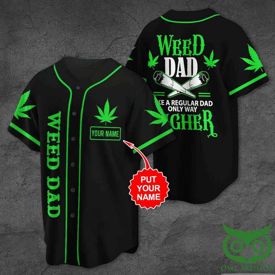 Custom Name Weed Dad Bright Green Leaf Black Baseball Jersey Shirt