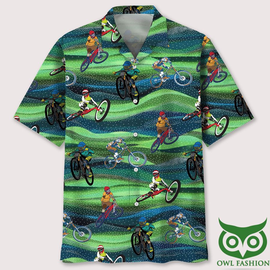 Mountain Bike Seamless Pattern Green Hawaiian Shirt
