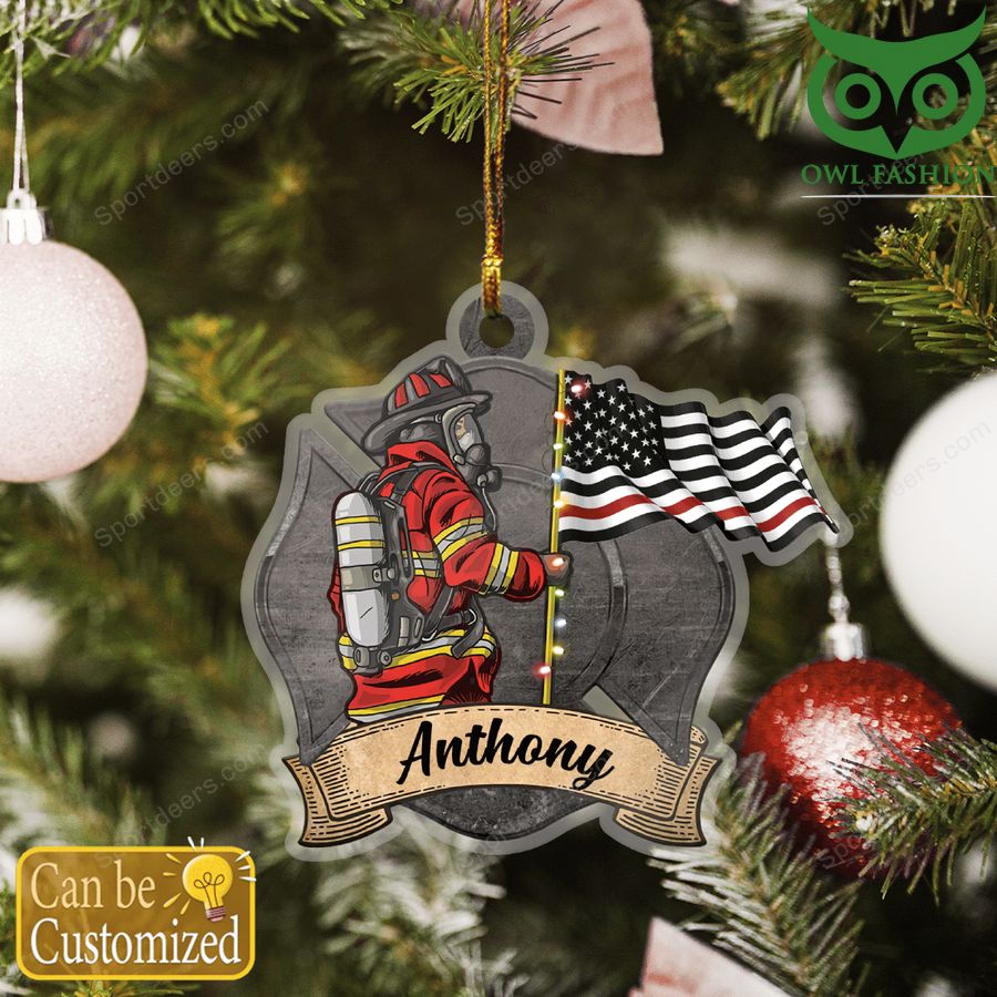 Personalized Firefighter holding America flag ornament
