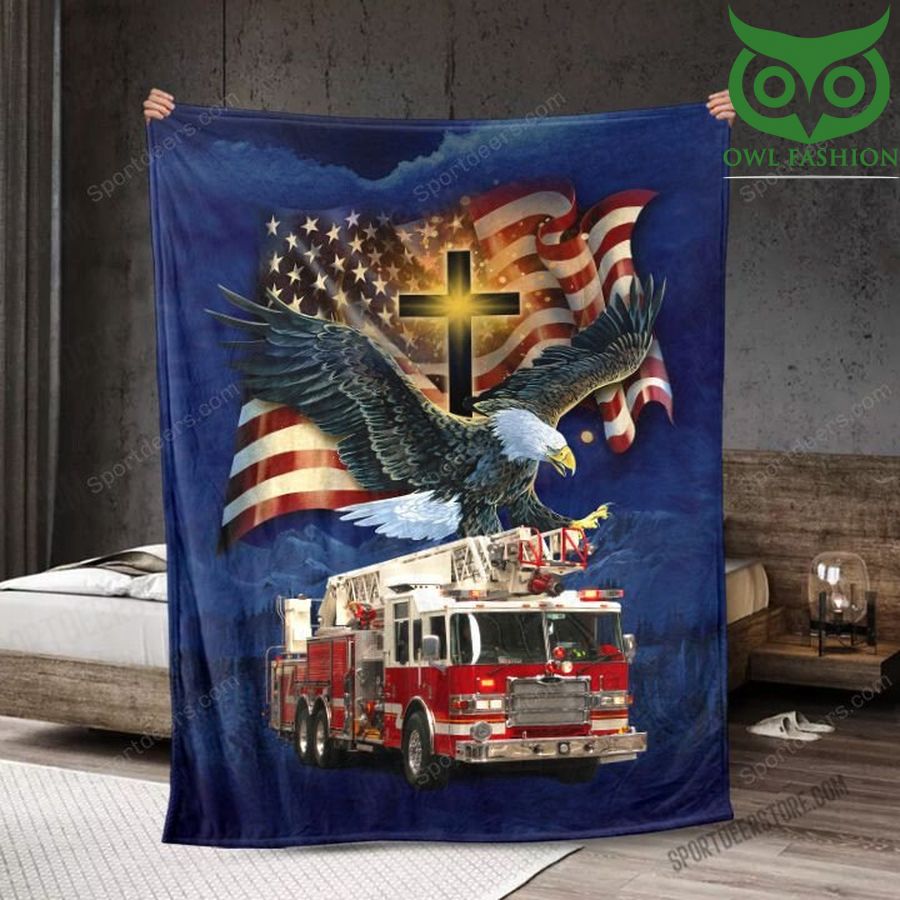 Firefighter American flag eagle on firetruck fleece blanket