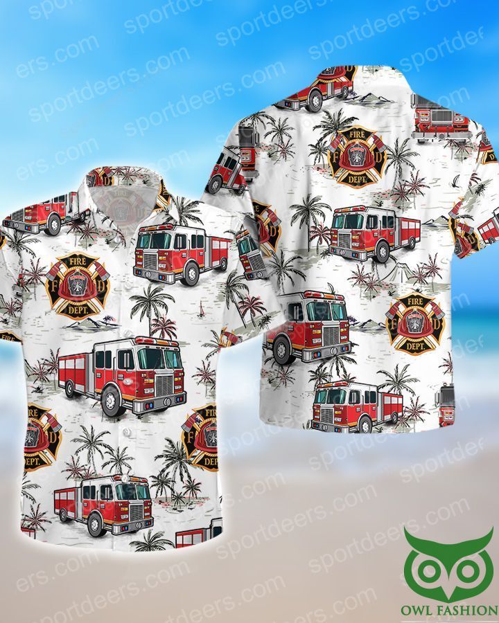 FIREFIGHTER Ocean Coconut Tree White Hawaiian Shirt