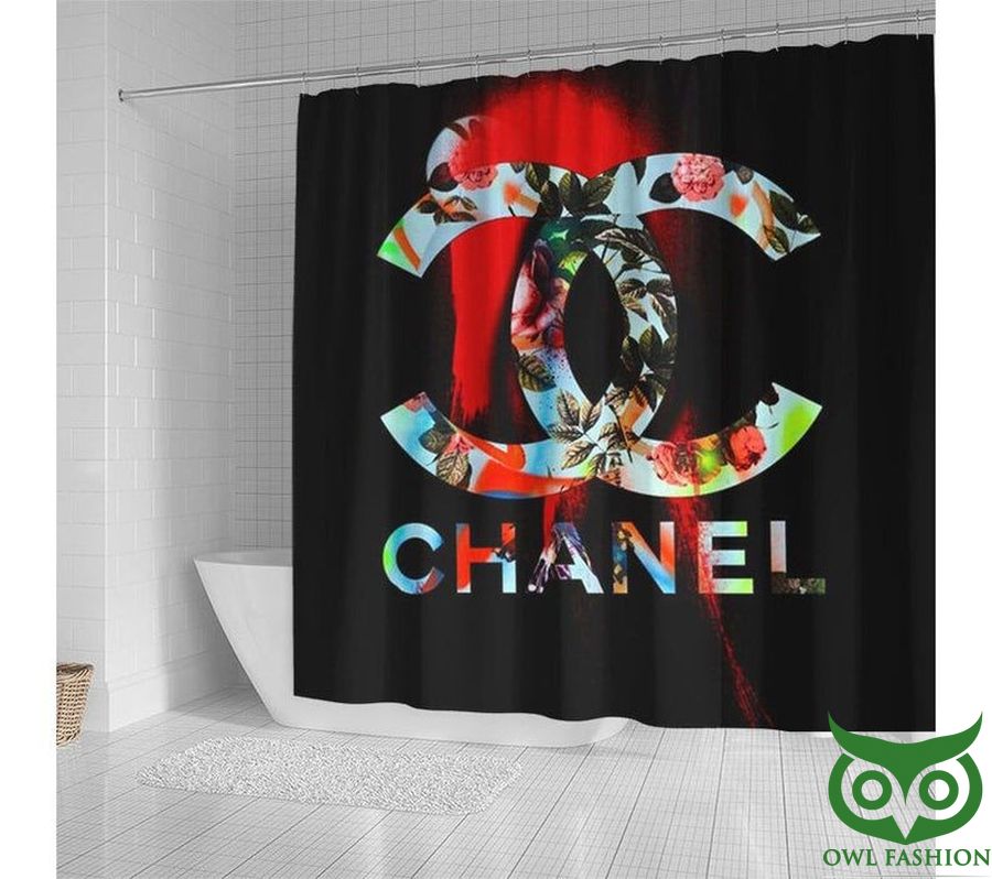 Luxury Chanel Flowery Logo Black Background Window Curtains