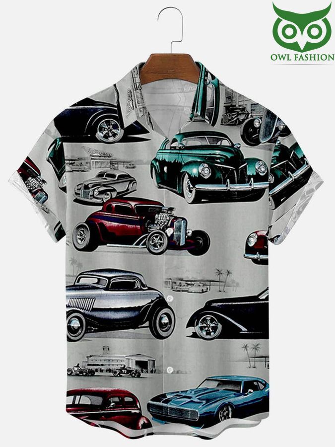 Retro Cars Print Casual Lapel Short Sleeve Hawaiian Shirts