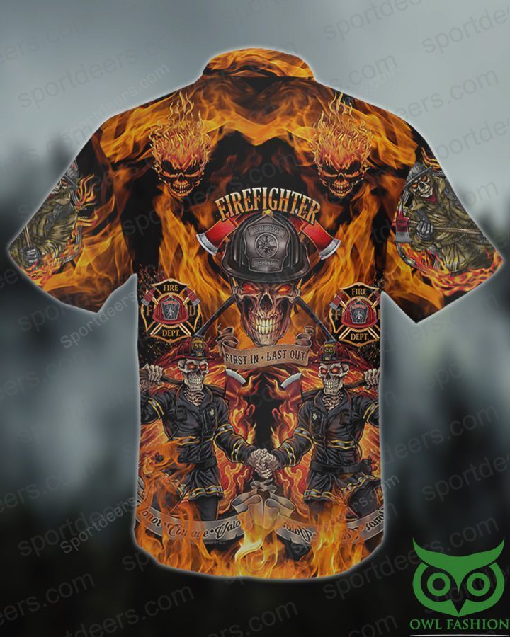 FIREFIGHTER Skull on Fire First in Last out Hawaiian Shirt