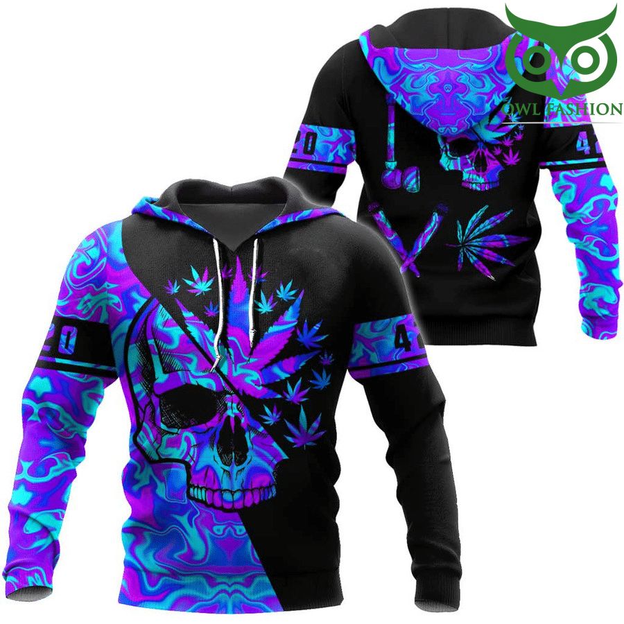 Weed cannabis 420 half highlighted blue skull 3D hoodie