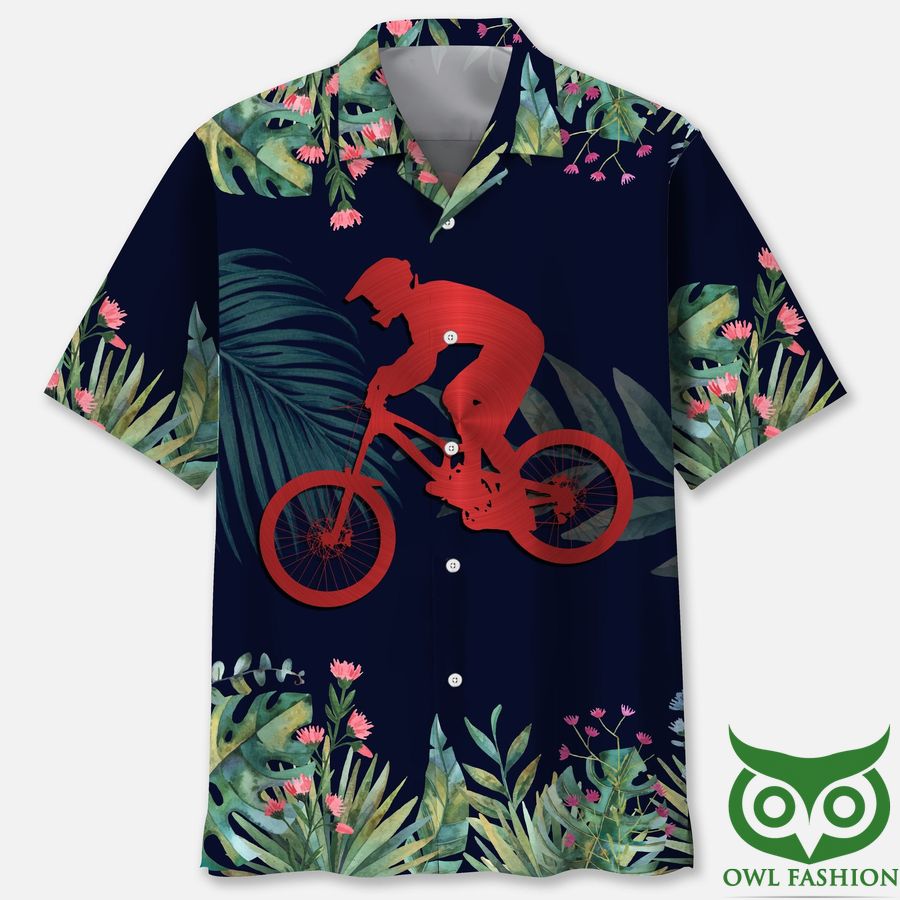 Mountain Bike Red Green Leaf Black Hawaiian Shirt