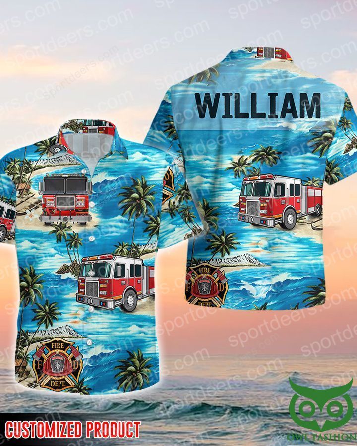 Custom Name FIREFIGHTER Watercolor Blue Ocean Hawaiian Shirt
