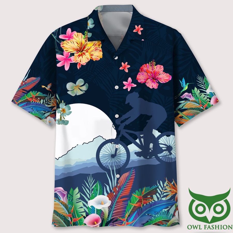 Mountain Bike Flower Field Dark Blue Hawaiian Shirt