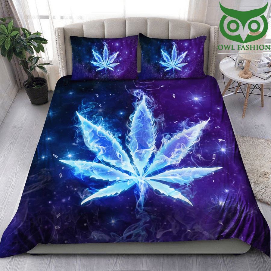 Weed blue bright cannabis on night sky Bedding Set