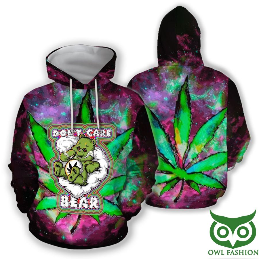 Don't Care Bear Galaxy Color Green Weed Leaf 3D Hoodie