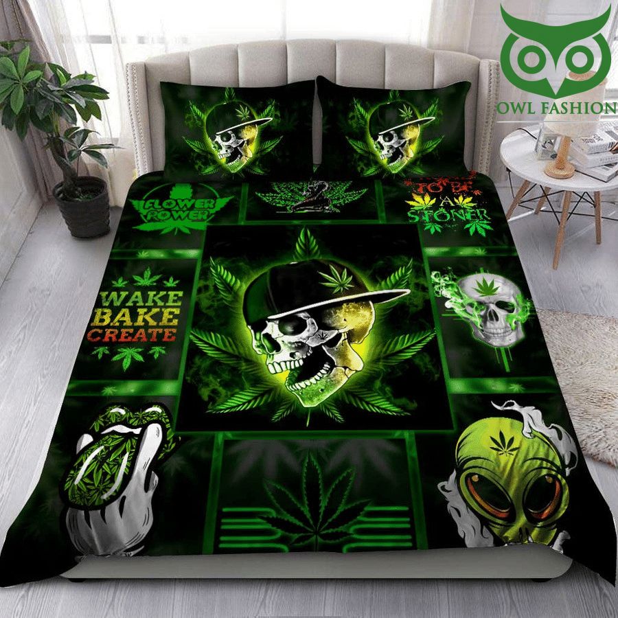Weed cannabis skull Wake bake create Bedding Set