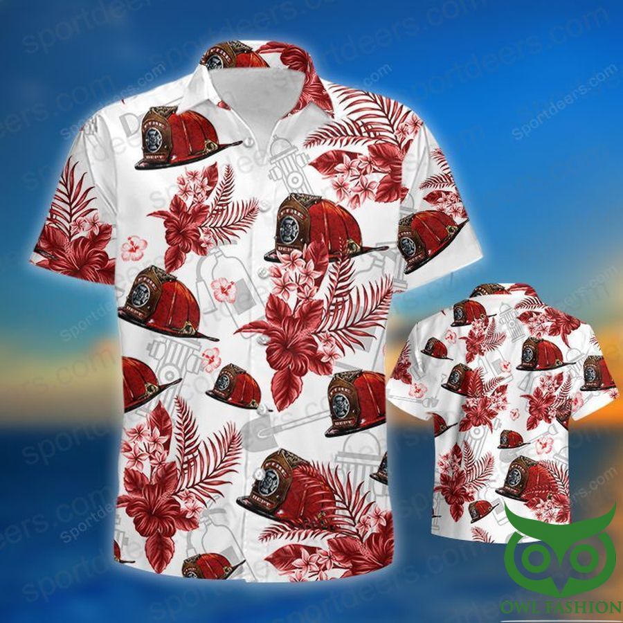 FIREFIGHTER Red Tropical Flower White Hawaiian Shirt