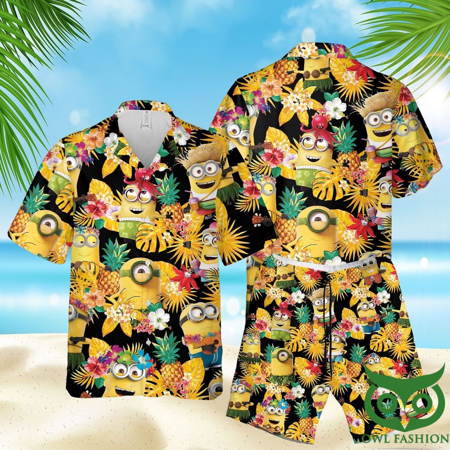 Minions Tropical Black Yellow Hawaiian Shirt Shorts