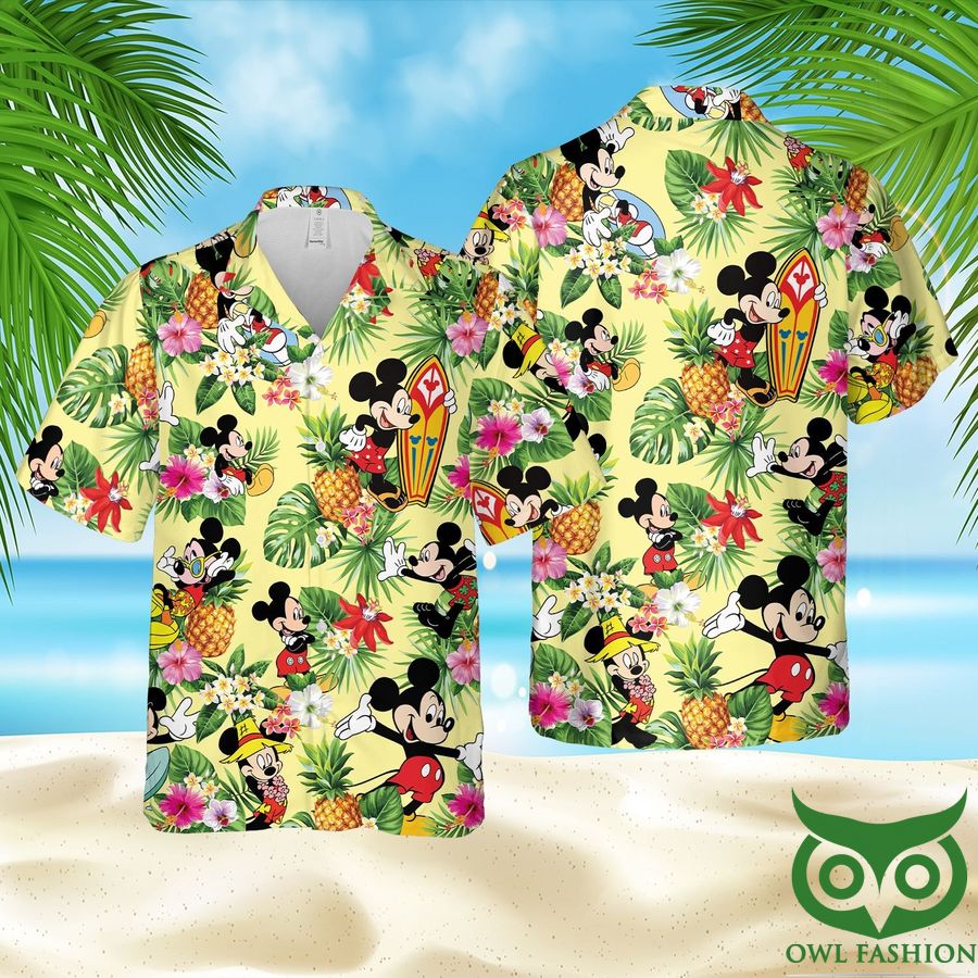 Mickey Mouse Summer Beige Green Hawaiian Shirt Shorts