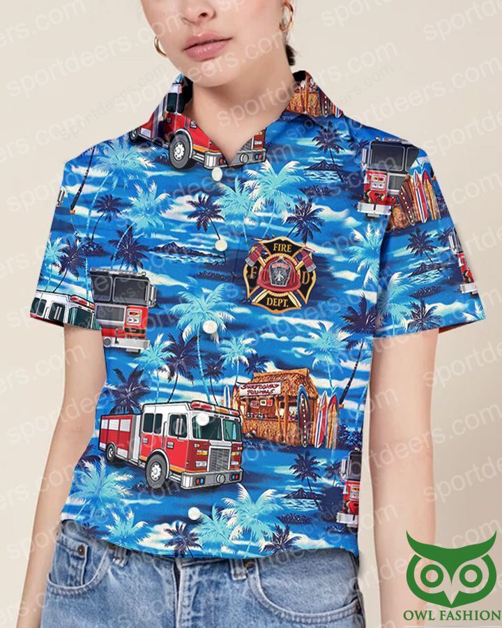 FIREFIGHTER Blue Ocean with Tree and Truck Hawaiian Shirt