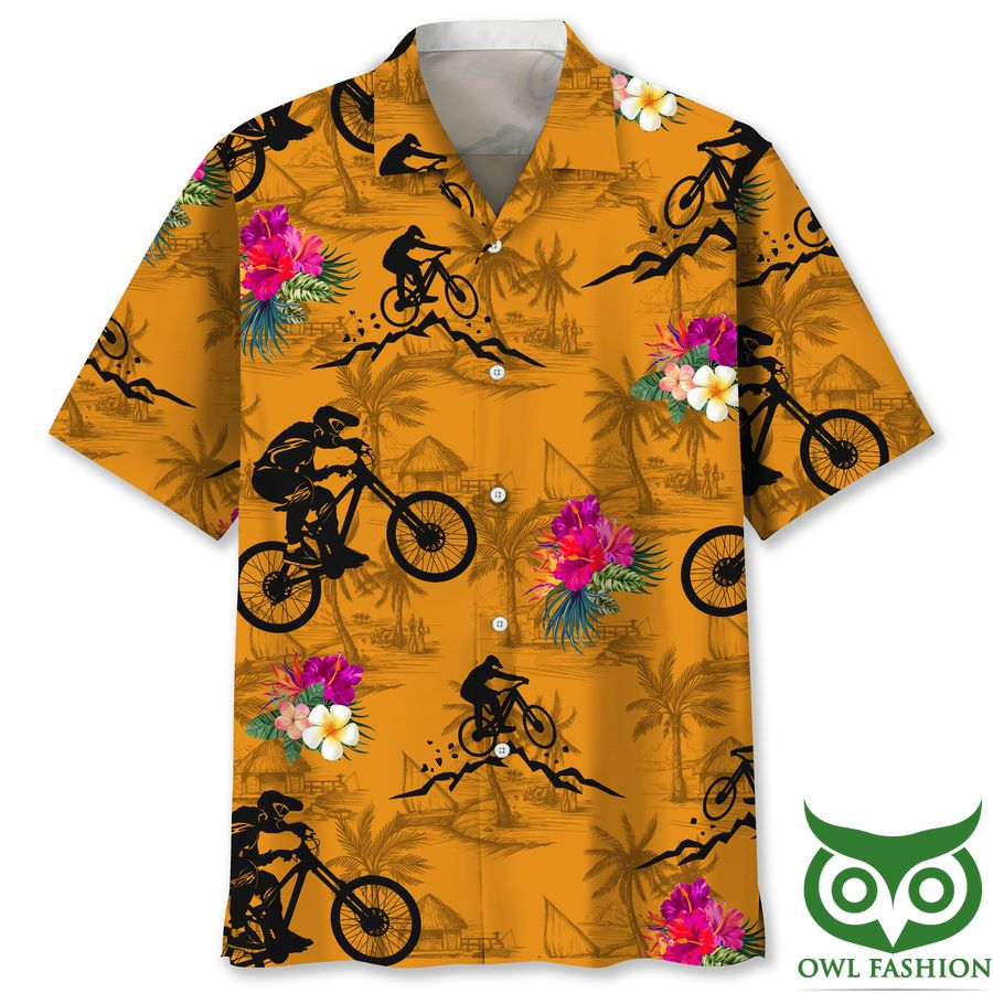 Mountain Bike Black Orange Tropical Hawaiian Shirt