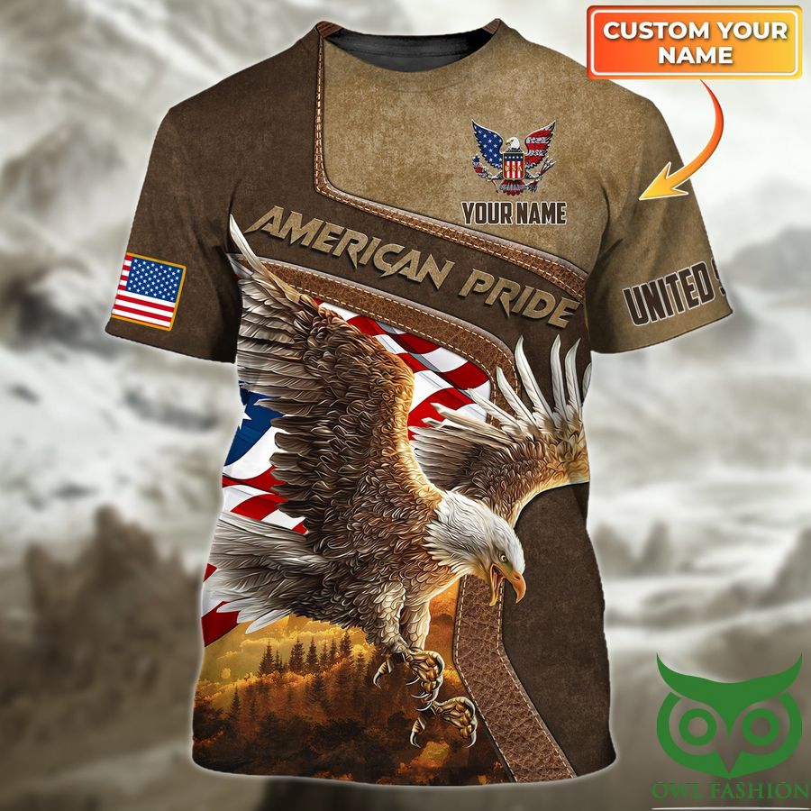 Custom Name American Pride Flag Eagle Brown 3D T-shirt