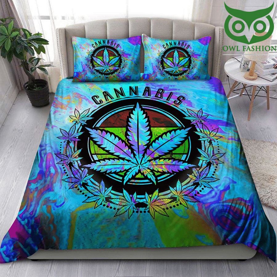 Weed cannabis blue hologram sky Bedding Set