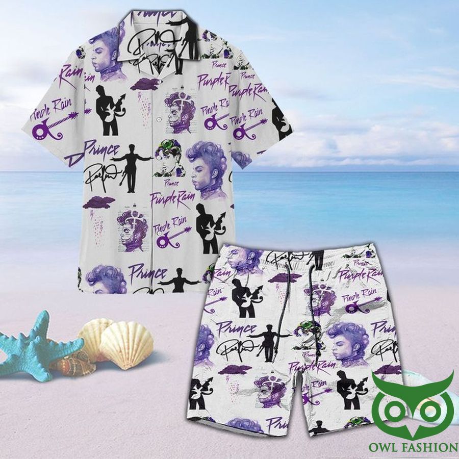 The Artist Prince Purple and Black Sign White Hawaiian Shirt Shorts