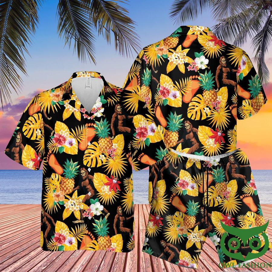 Bigfoot Tropical Black Yellow Hawaiian Shirt Shorts