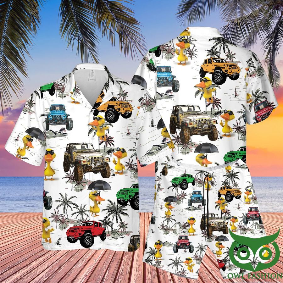 Jeep Cars Duck Coconut Trees White Hawaiian Shirt and Shorts