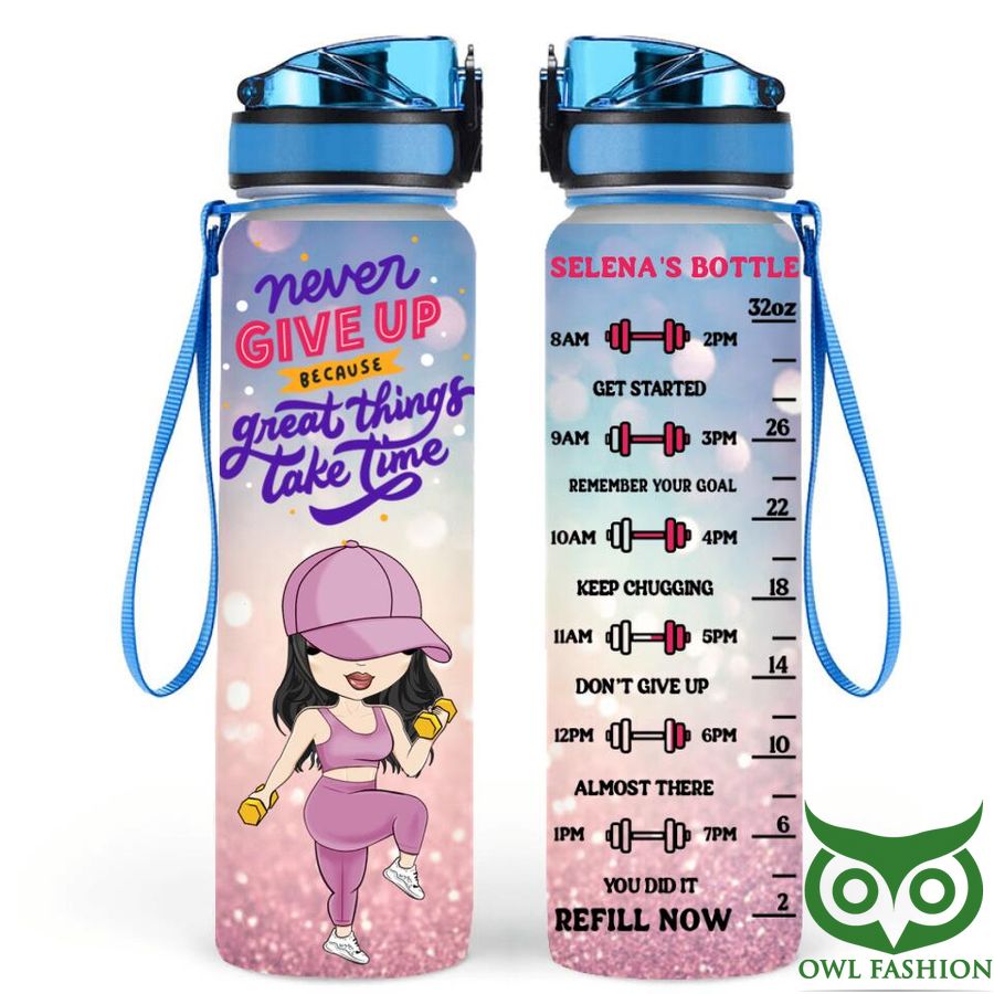 Personalized Fitness Girl Never Give Up 'cause Great Things Take Time Water Tracker Bottle