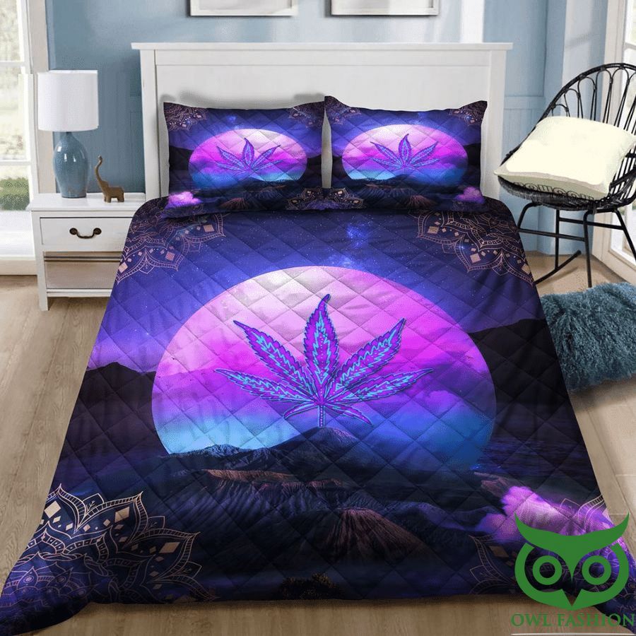 Galaxy Purple with Pattern Weed Leaf Quilt Bedding Set