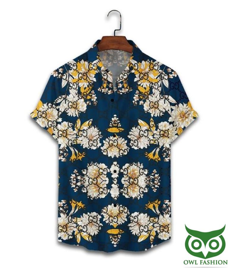 Limited Edition Gucci Dark Blue Yellow Flowers Hawaiian Shirt Shorts