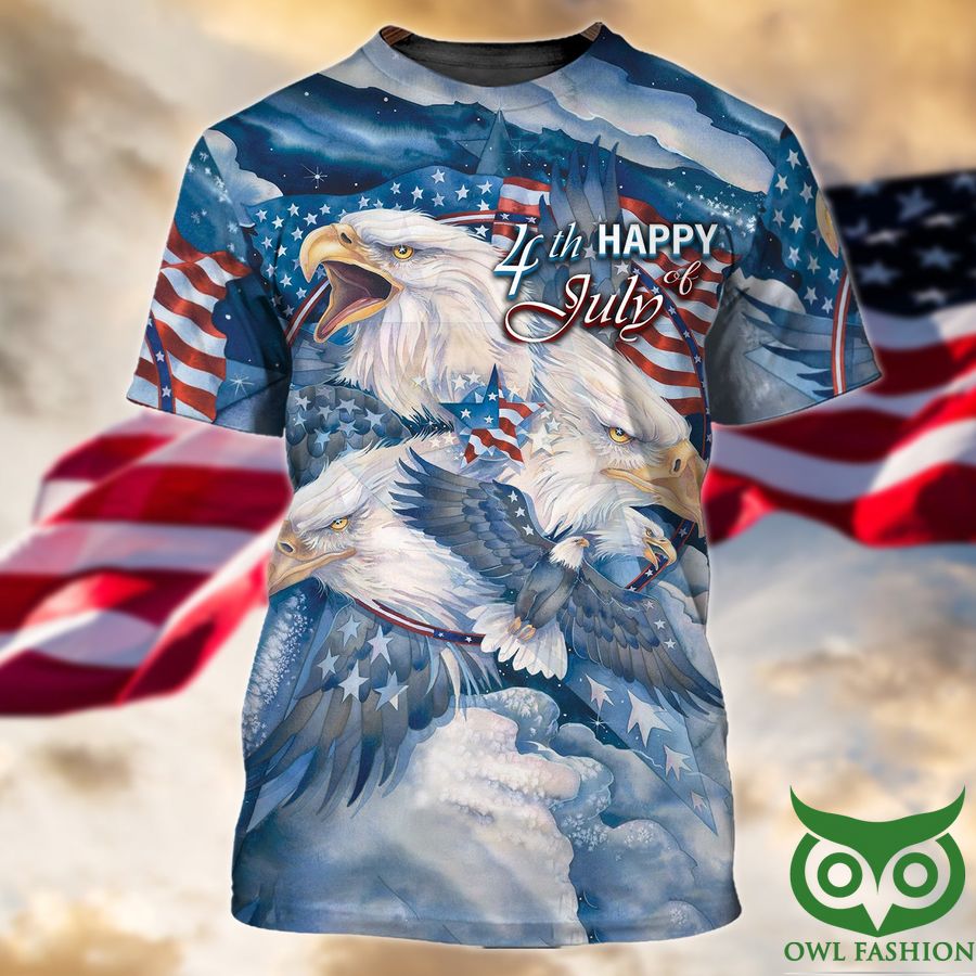 Happy 4th Of July Eagle Flying in Sky and Flag 3D T-shirt