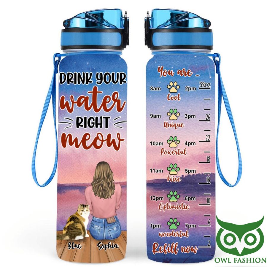 Personalized Cat Drink Water in Sunset Water Tracker Bottle