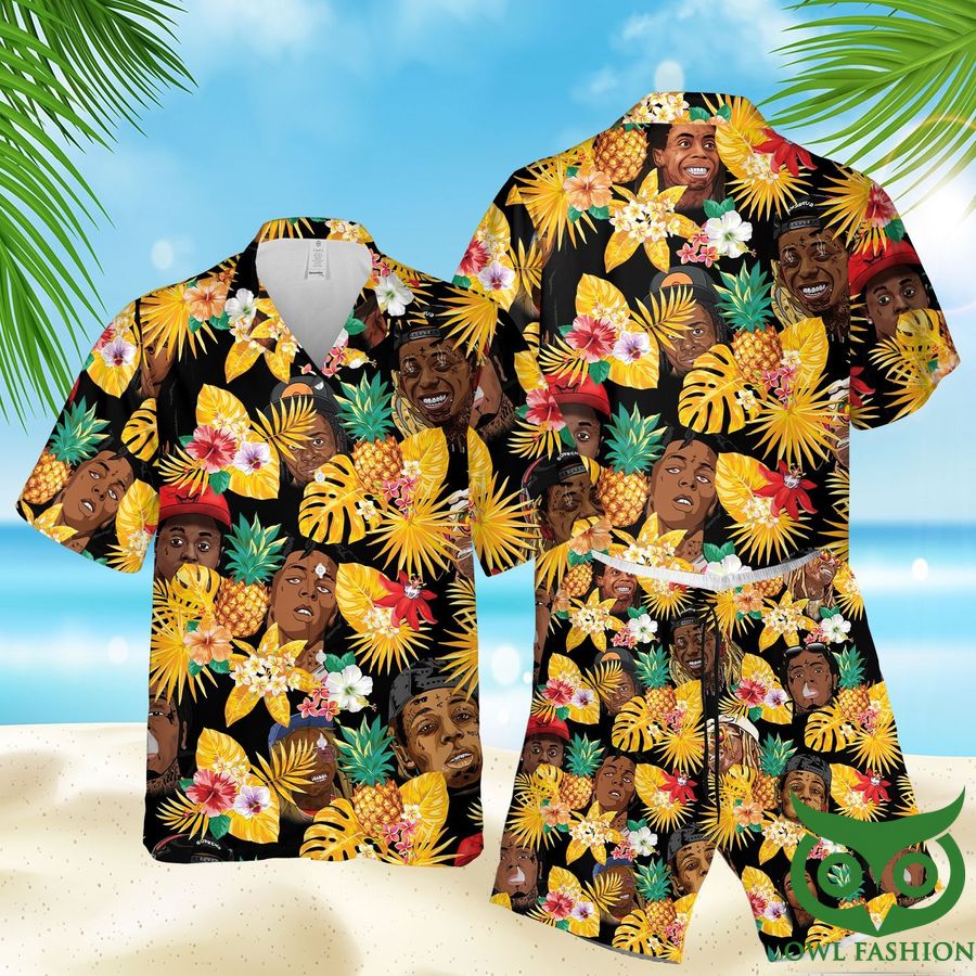 35 LW82 Tropical Black Yellow Hawaiian Shirt Shorts