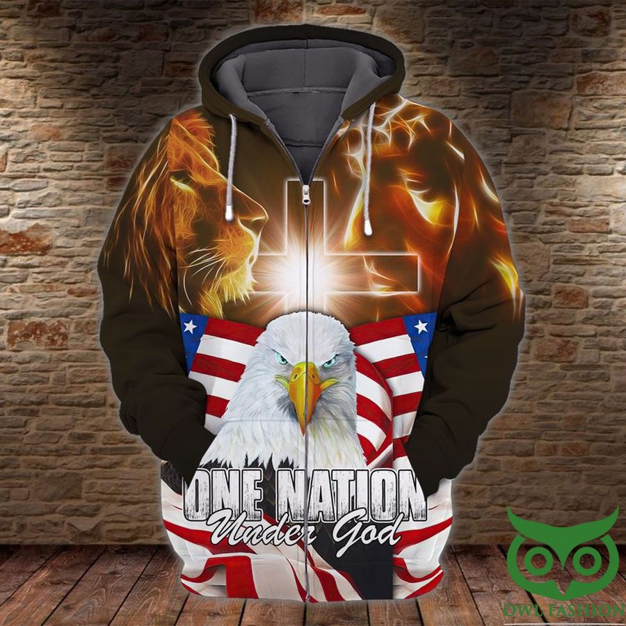America Flag Eagle Lion and Crucifix Brown 3D Hoodie