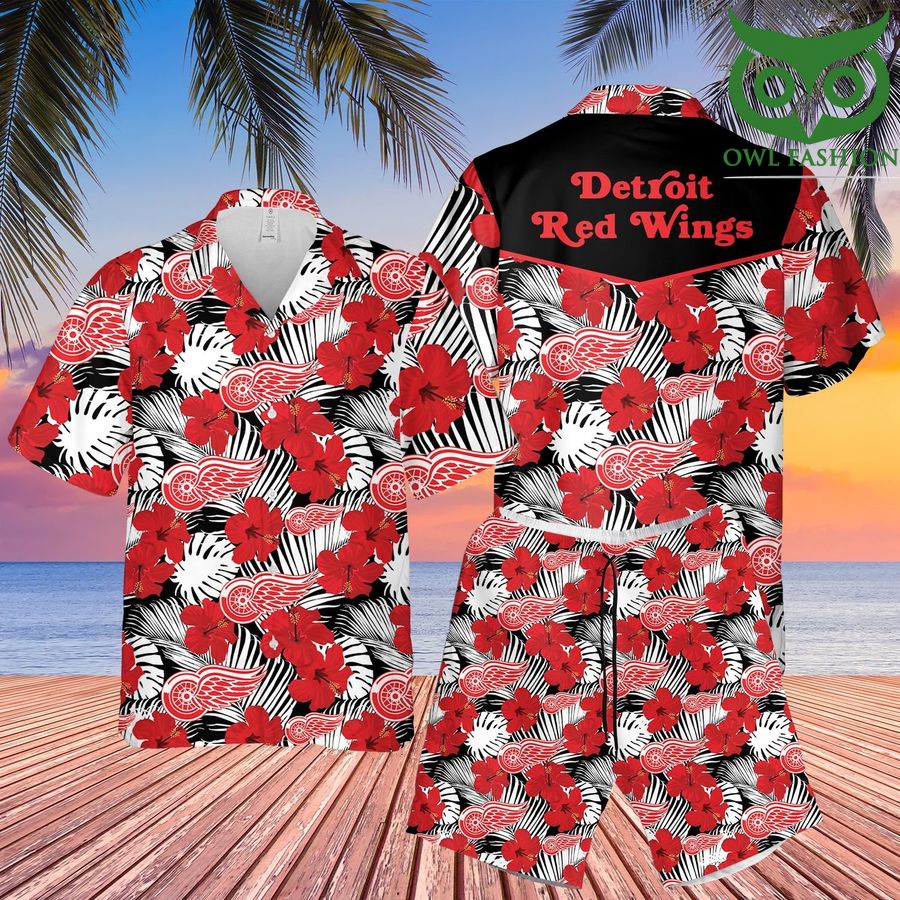 Detroit Red Wings hibicus red 3D Hawaiian Shirt Shorts aloha summer