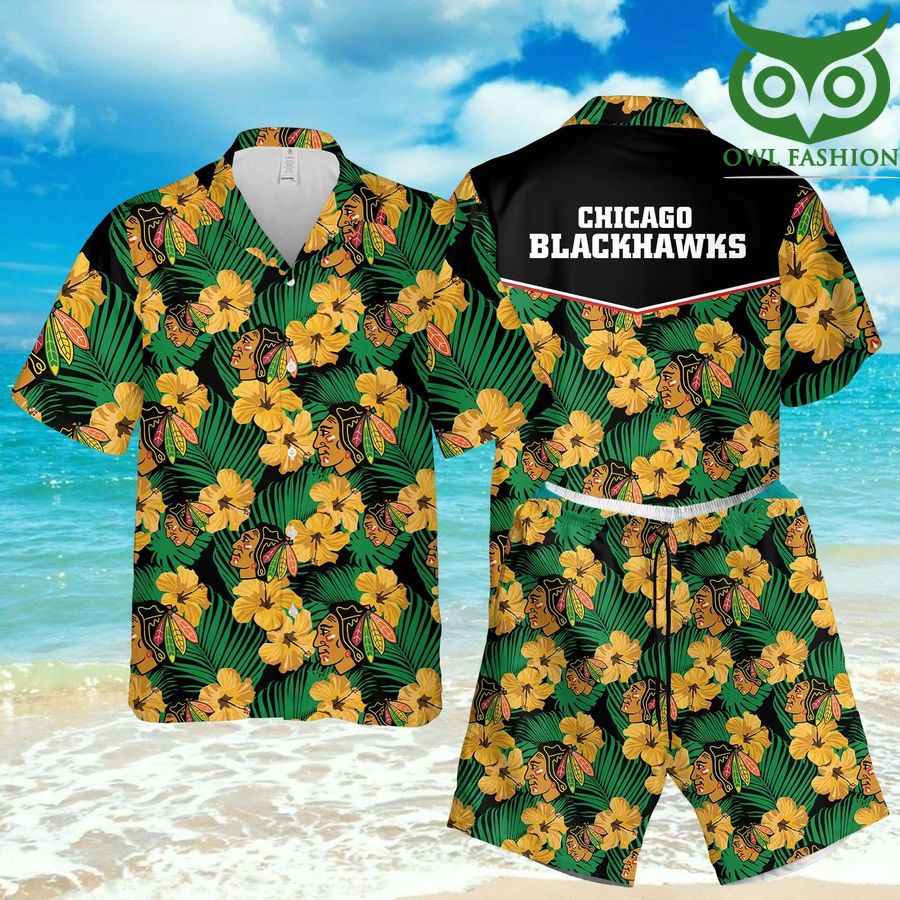 86 Chicago Blackhawks yellow flower 3D Hawaiian Shirt Shorts aloha summer